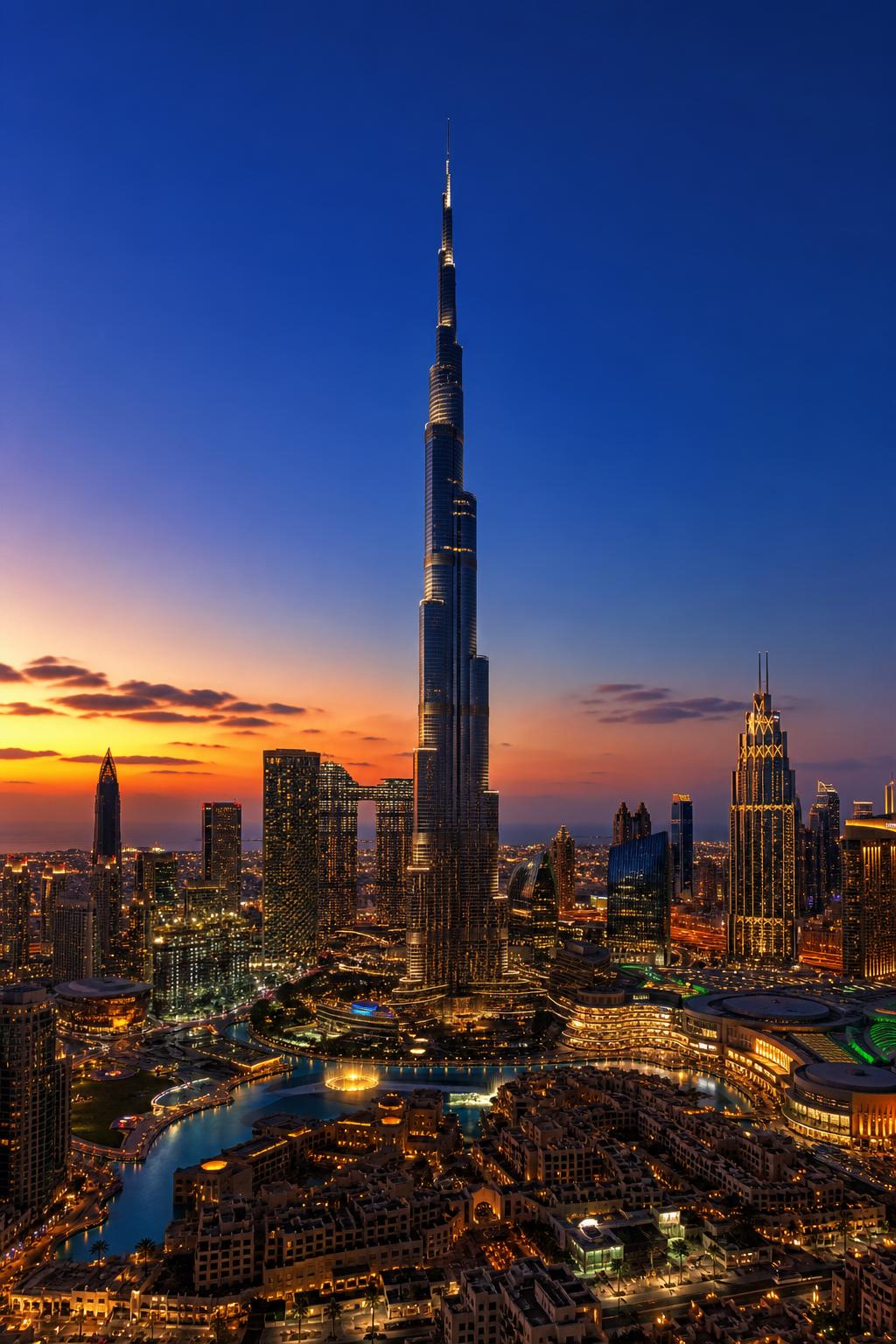 Dubai skyline with Burj Khalifa at golden hour transitioning to blue hour