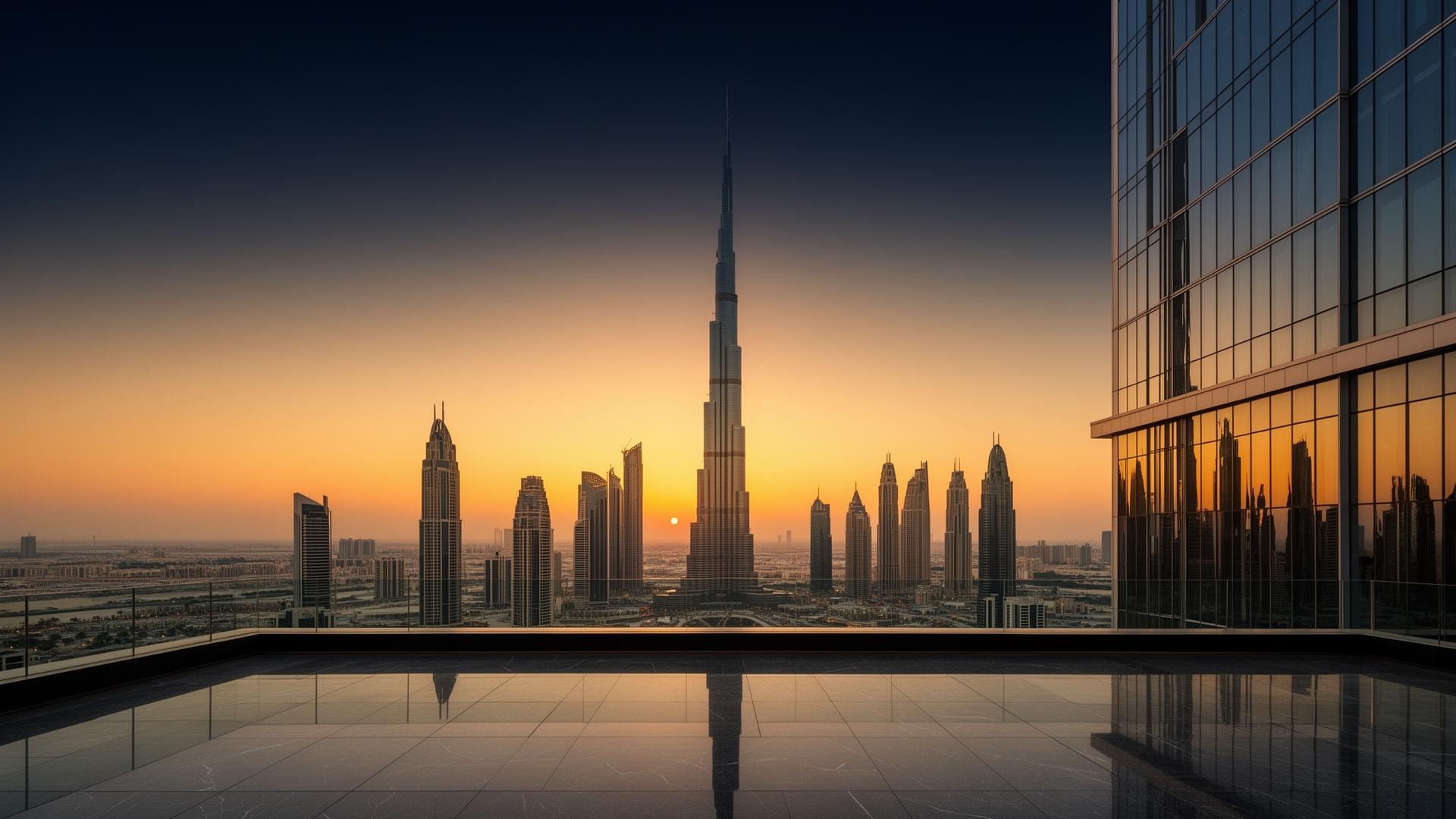 Dubai skyline at sunset viewed from a luxury rooftop